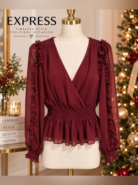 Express Burgundy Ruffle Chiffon Peplum Blouse Long Sleeve Size Small